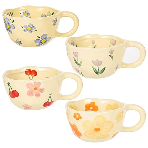 MAKCNMYM Ceramic Coffee Mug Vintage Flower Mugs 8 oz Cute Floral Coffee Mugs Irregular Latte Art Cup Lead-free Porcelain Cups for Cappuccino, Cocoa (4 Pack)