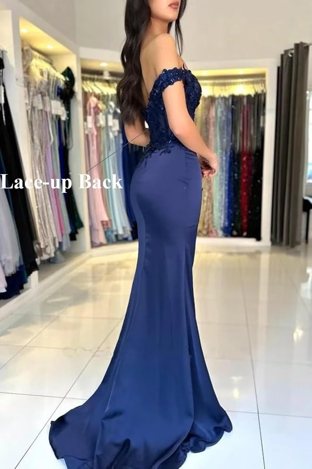Women's Satin Mermaid Prom Dresses Long Off Shoulder Lace Applique Formal Evening Party Gown with Slit UG013