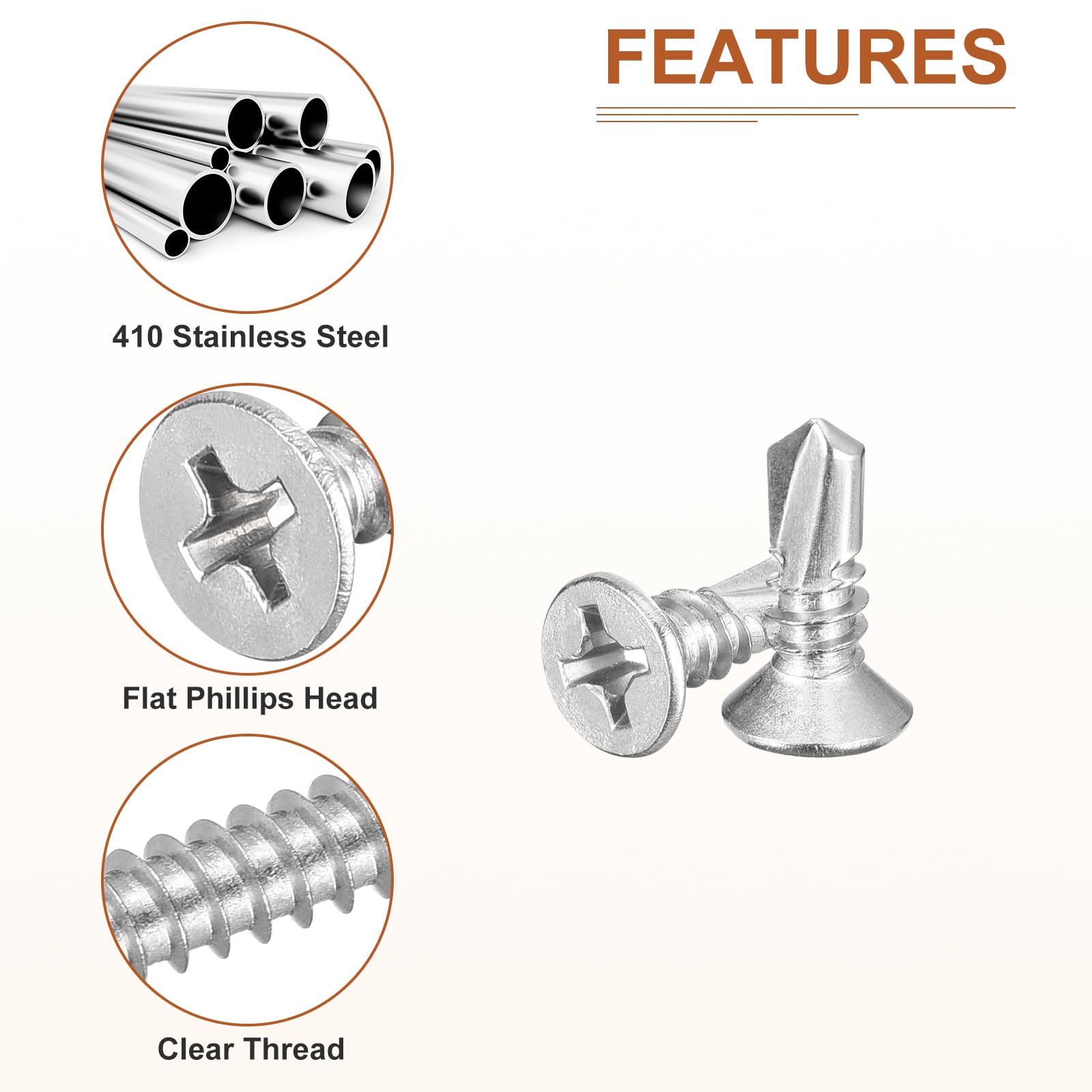 DTGN 100Pcs ST6.3x19mm Self Drilling Screws, 410 Stainless Steel Flat Head Phillips Sheet Metal Screw - Image 4
