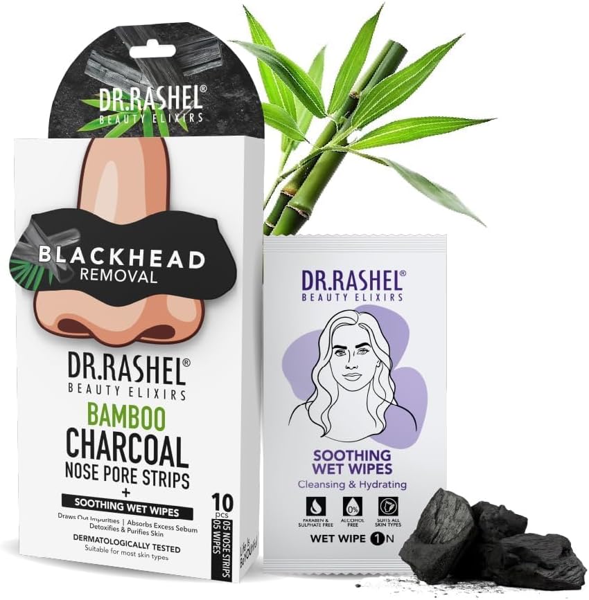 DR.RASHEL Bamboo Charcoal Nose Pore Strips | Activated Charcoal | Painless Blackhead Removal, Oil Control & Deep Dirt Cleansing | 10 Strips + 10 Wipes