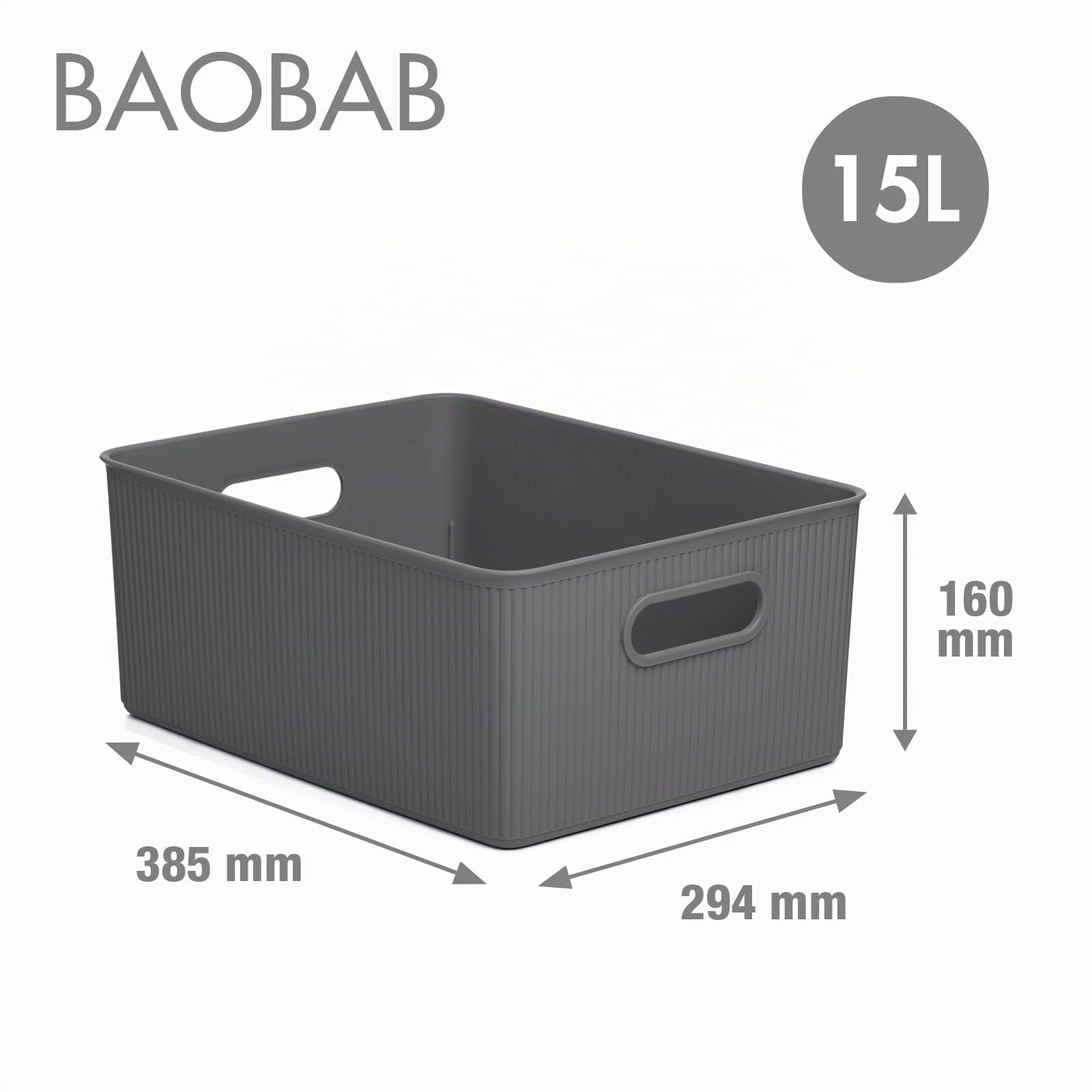 TATAY Cestino Portaoggetti Plastica 15 L Baobab | Scatola Organizzatrice | Manici Integrati | Design Compatto e Versatile | Plastica Senza BPA | 29,4 x 38,5 x 16 cm, Grigio