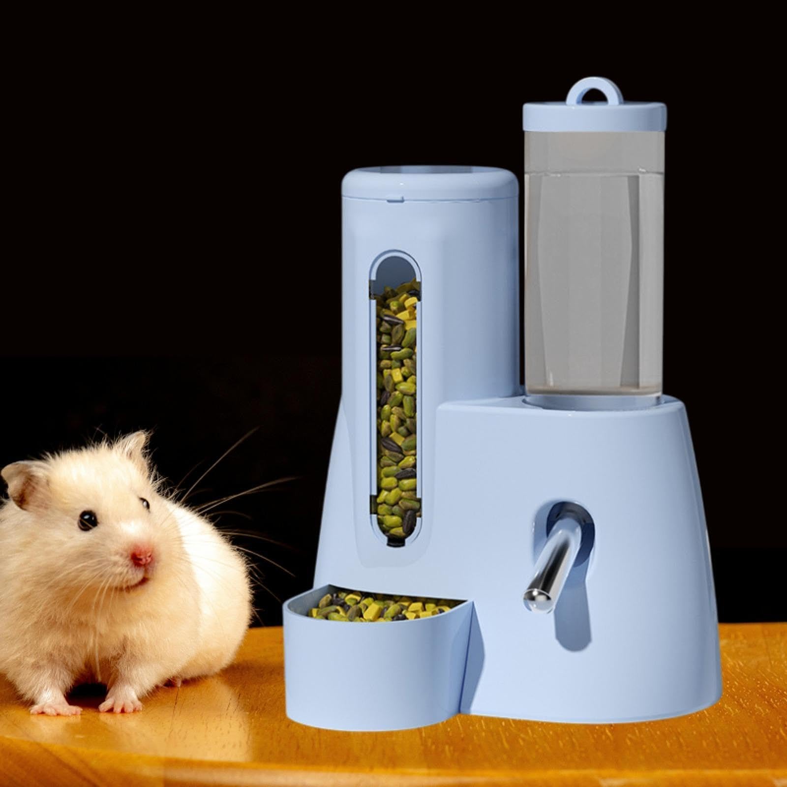 Baoblaze Automatic Hamster Feeder Food Dispenser Hamster Water Bottle Lightweight Clear Food Container for Ferrets Gerbils Chinchillas, Blue, 125ml