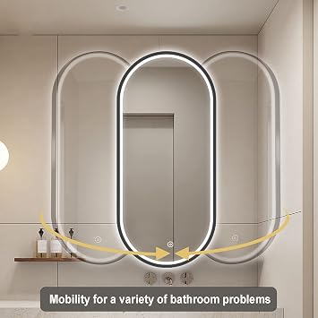Bathroom Mirror,Large Oval LED Dimmable Mirror, Lighted Vanity Mirror Wall Mounted Makeup Mirror, One Button Touch, with Metal Frame and Swivel Rotation Adjustable Arm