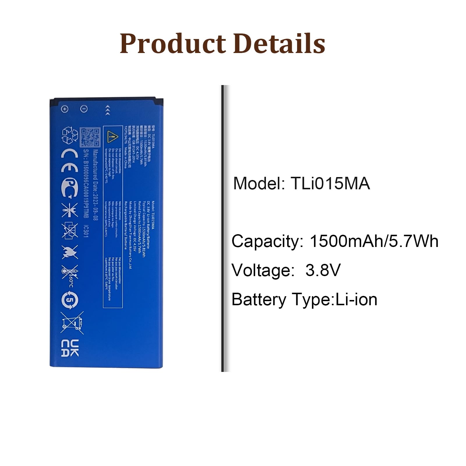 Batteria di ricambio TLi015M1, TLi015M7, TLi015MA compatibile con Al-Catel One Touch Pixi 4 4.0 4034A 4034G 4034X 4034M 4034D 4034E