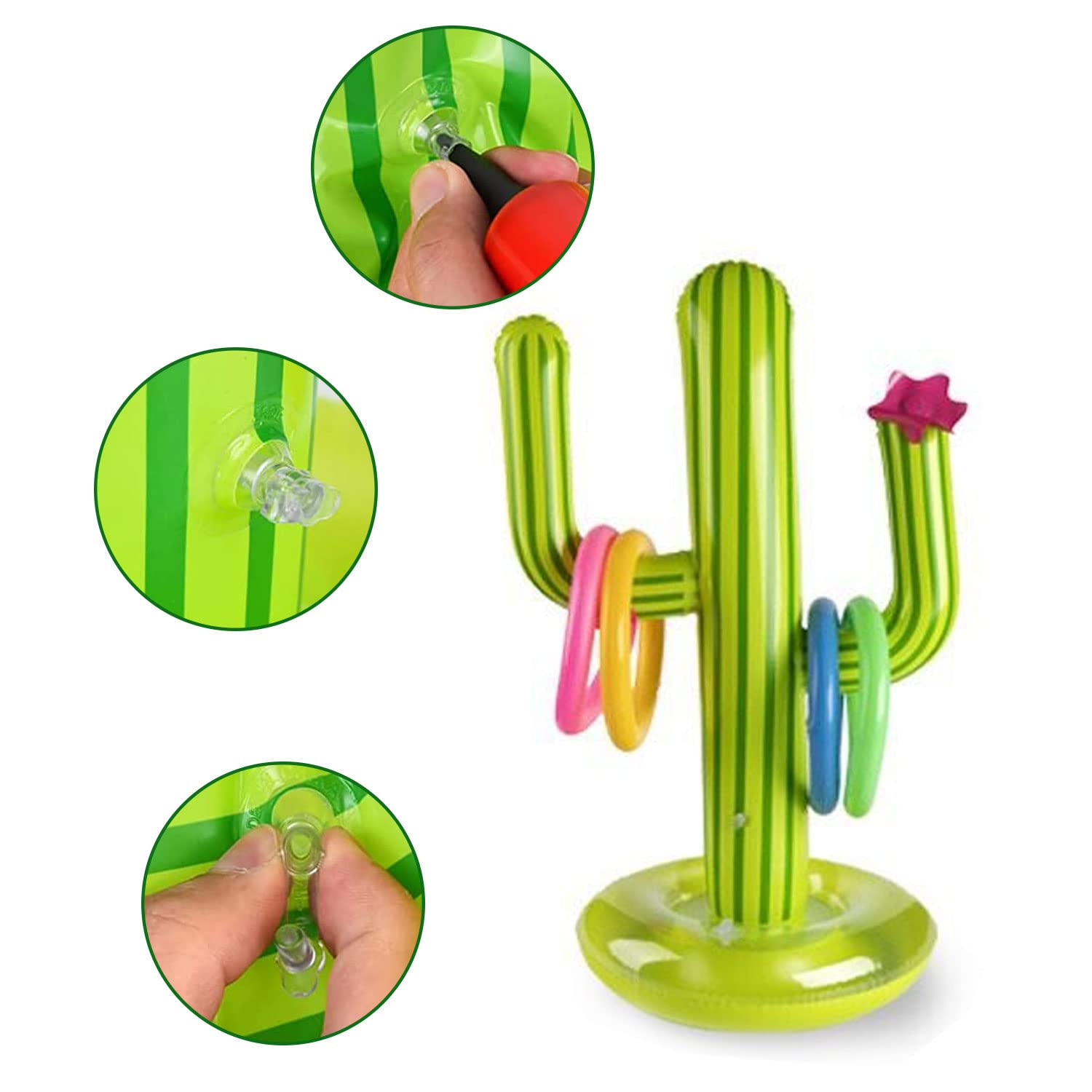 Aufblasbares Kaktus Ring Wurf Spiel Set, 1 Aufblasbaren Kaktus, 1 Aufblasbarer Ball, 8 Farbe Aufblasbare Ringe und 1 Luftpumpe für Sommer Party Kinder Erwachsene Pool Spielzeug