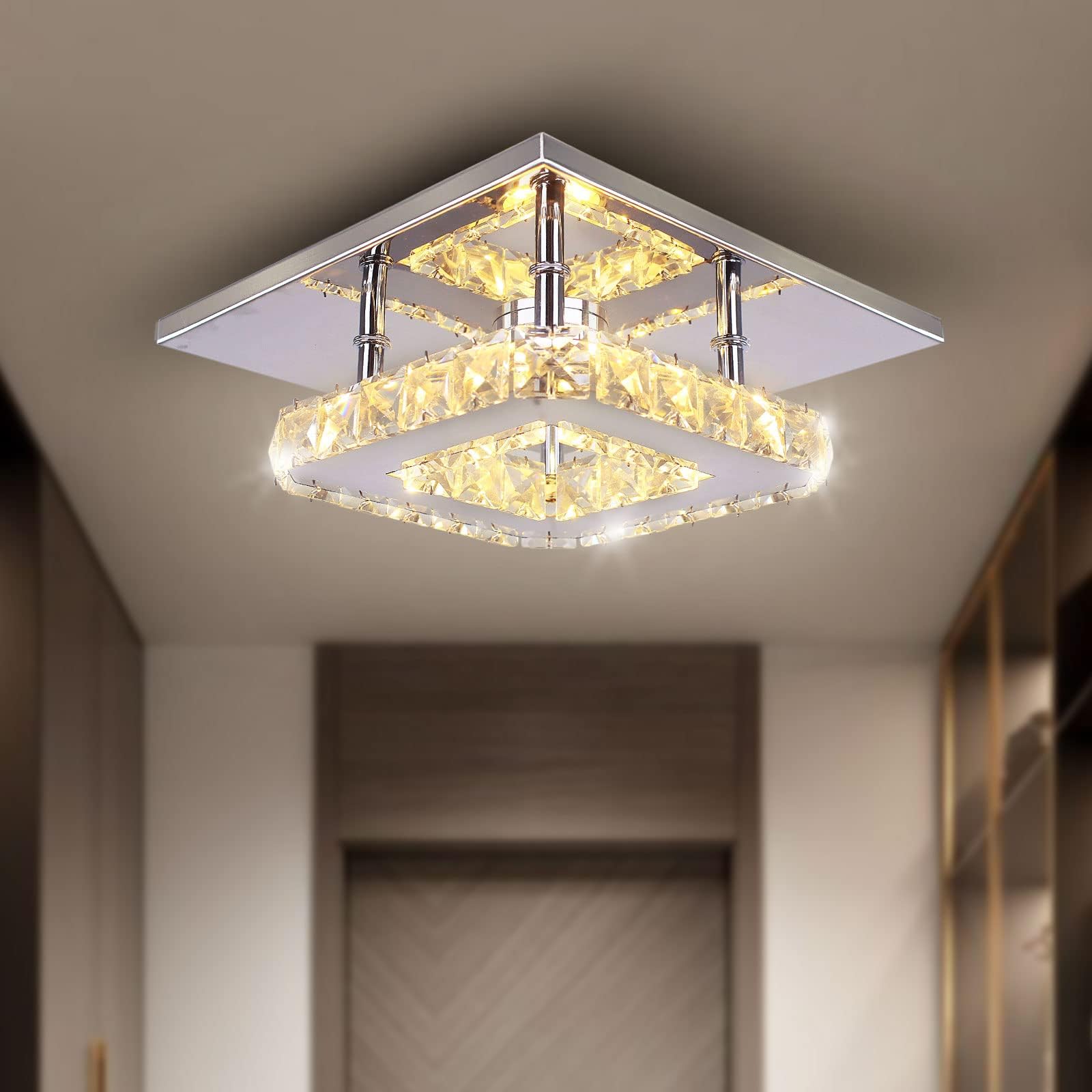 Petit lustre LED semi-encastré en cristal Plafonnier moderne en cristal pour chambre à coucher salle à manger couloir