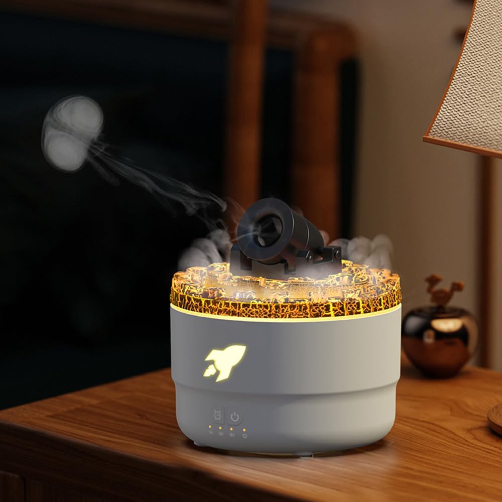 Umidificatore, Diffusore Cannone da Aromi con Nebbia di Vulcano Simulato, Umidificatori Ambiente Cannone Silenzioso con 7 Luci Colorate per Casa Ufficio Viaggio