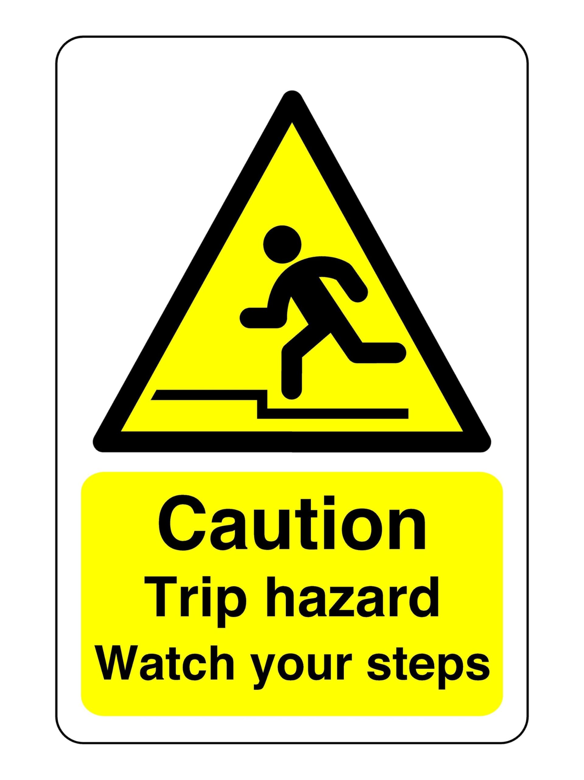 Safety First Display Ltd Yellow/Black Caution Trip Hazard Watch Your Steps Sign - High Tack Self-Adhesive Sticker (400Mm X 300Mm) Viewing Distance Within 14M.