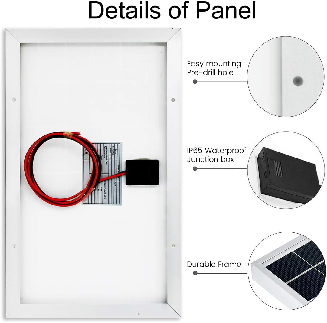 Close-up image showing the pre-drilled mounting hole, IP65 waterproof junction box, and durable aluminum frame of the solar panel.