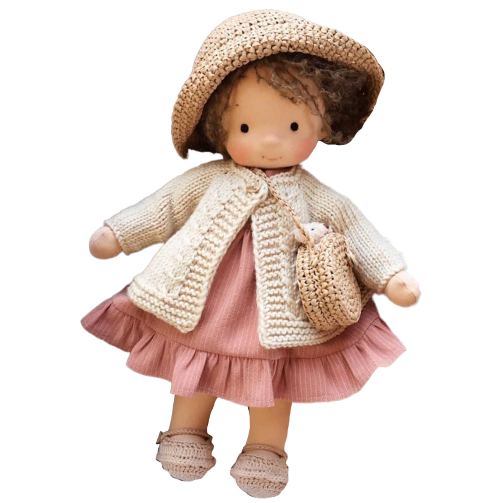 Suxdlan Rag Doll, Cute Curly Hair Girl Rag Doll with Hat, Crossbody Bag and Dress, 10 Inch Soft Plush Baby for Babies & Toddlers Christmas Birthday(Vinyl Body), Style 2