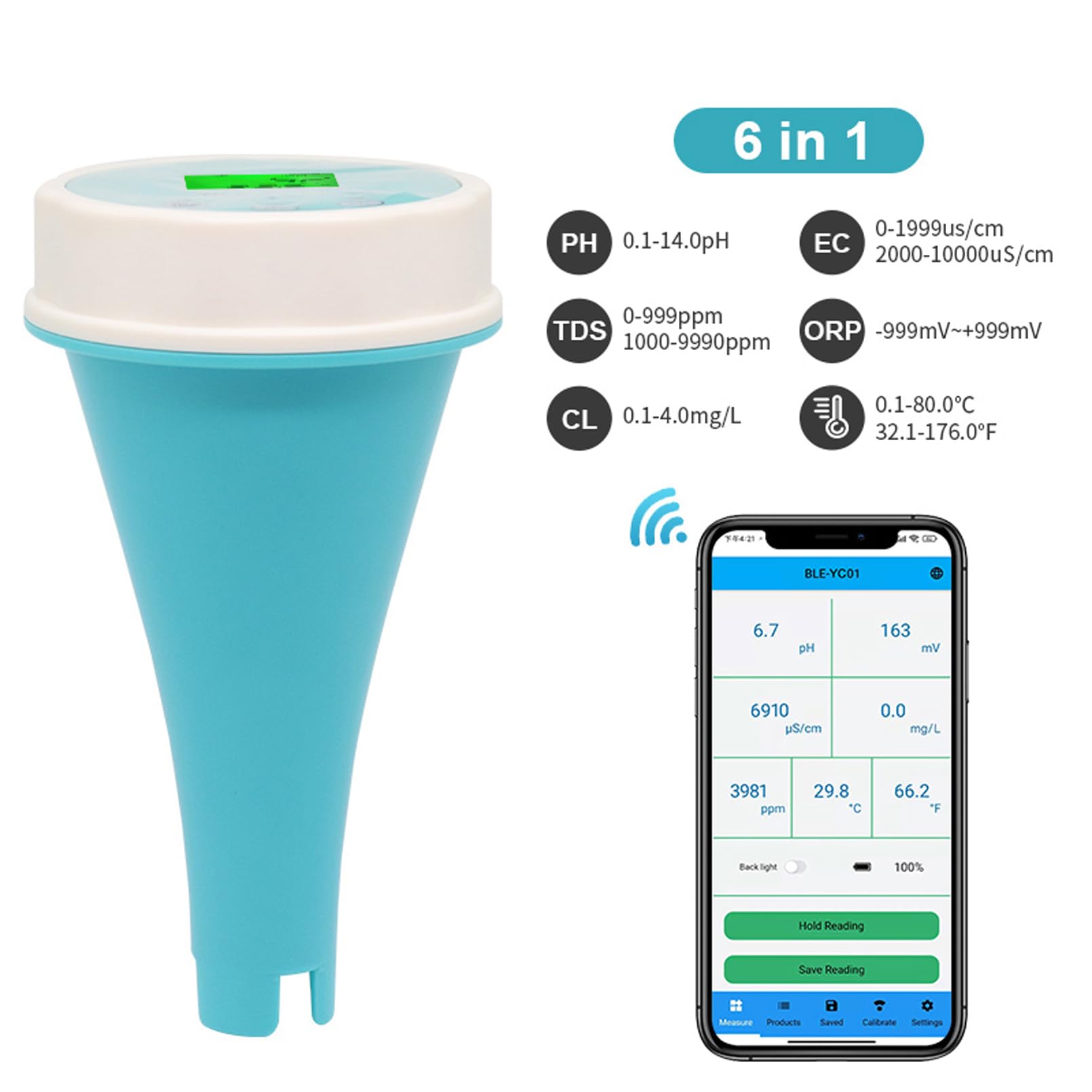 SYUFRE Medidor de Ph Bluetooth, Ip67 a Prueba de Agua Múltiples Pantallas en Una Pantalla PH EC TDS ORP Temp Residual Chlorine Water Tester Pen Sonda de Precisión para Agua Potable Piscina Acuario