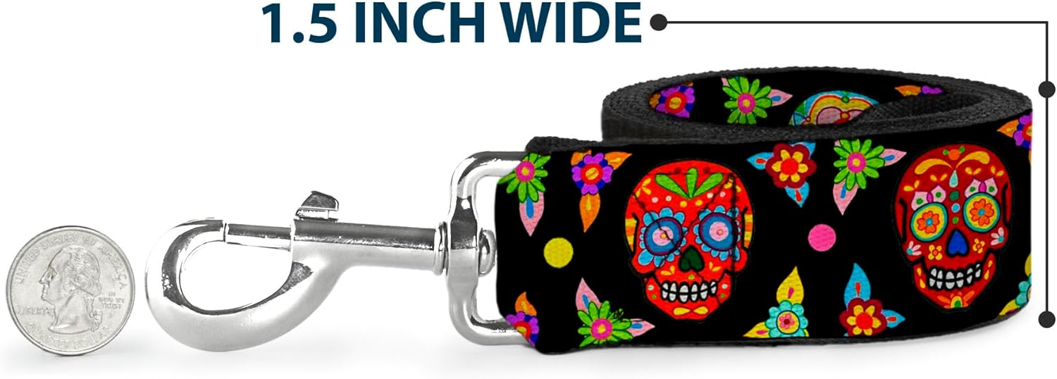 Buckle-Down Pet Leash - Colorful Calaveras Black/Multi Color - 4 Feet Long - 1.5" Wide