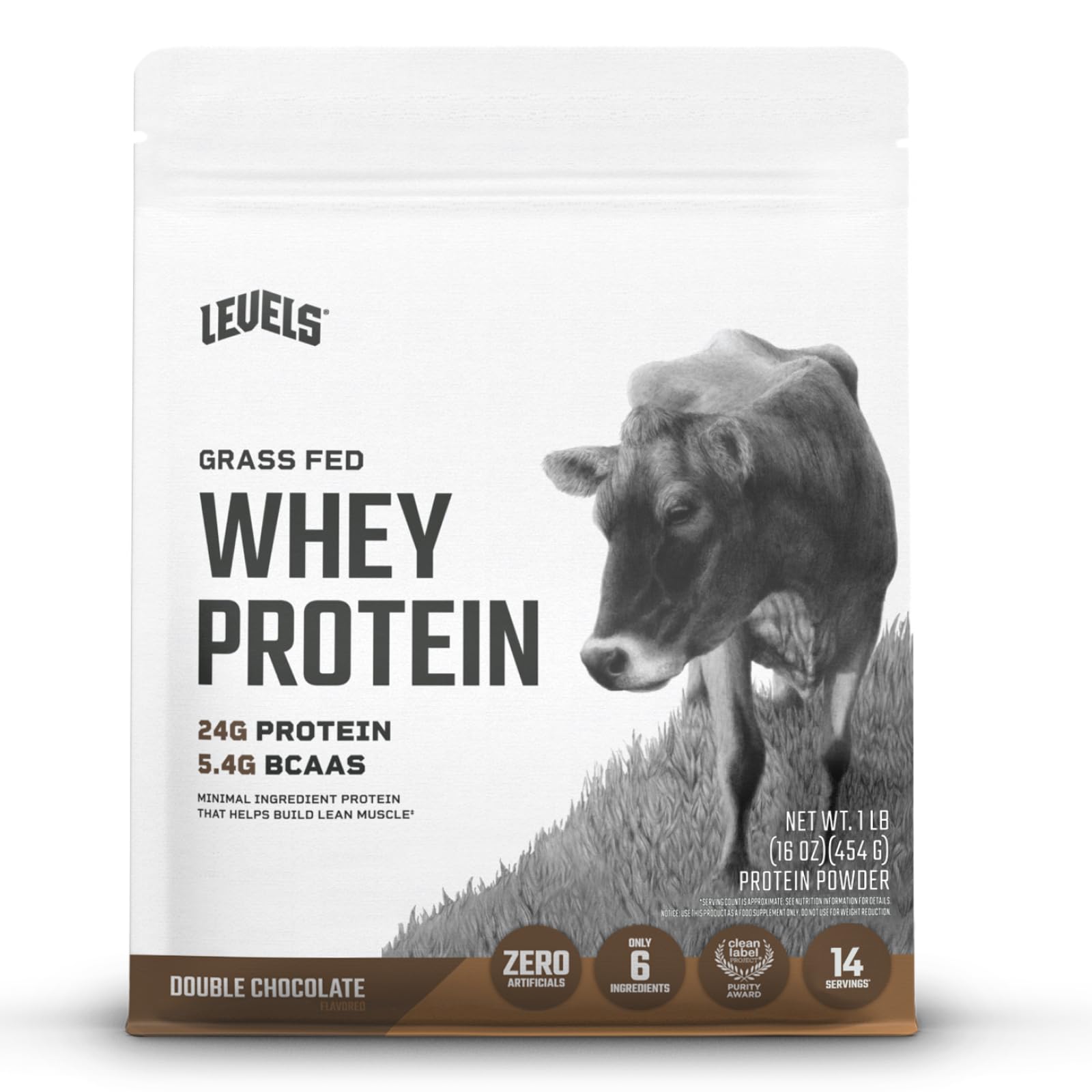 Levels Grass Fed Whey Protein Powder, No Artificials, 24G of Protein, Double Chocolate, 1LB