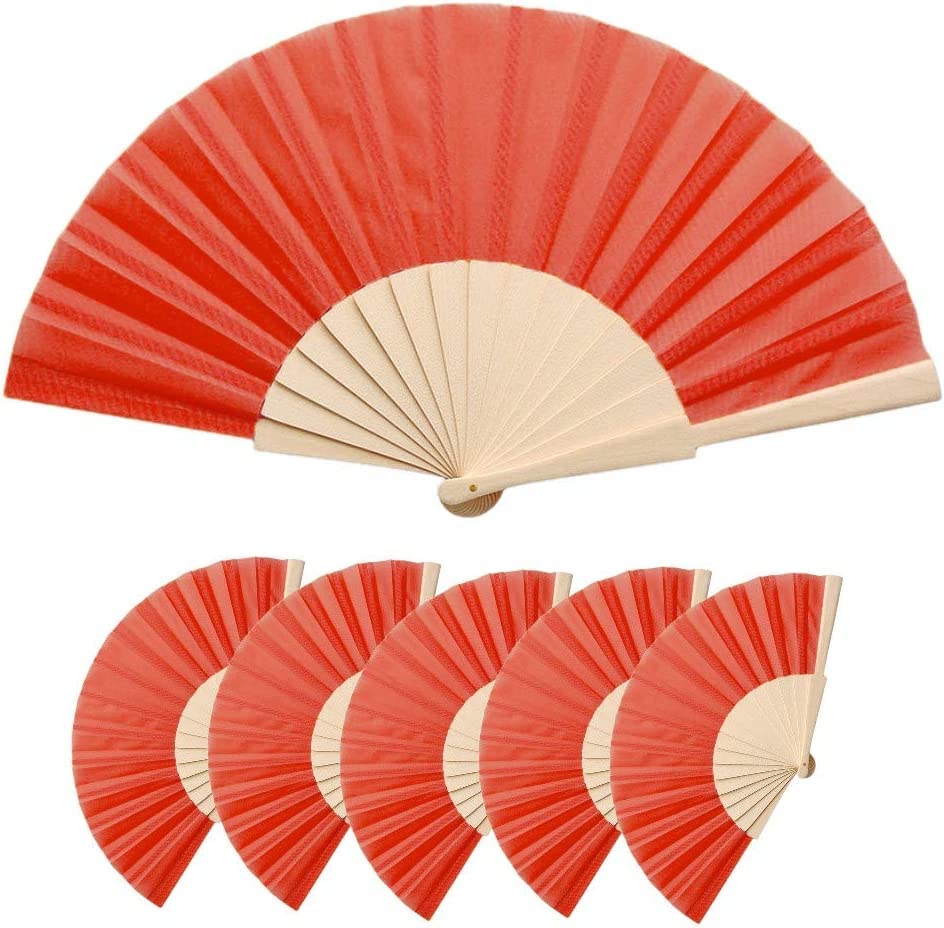 Deliex delicias de Extremadura. Lote 50 Abanicos de tela y madera en color rojos. Abanicos para invitadas en bodas, bautizos y comuniones, abnicos para fiestas de veranos (ROJOS, 50)