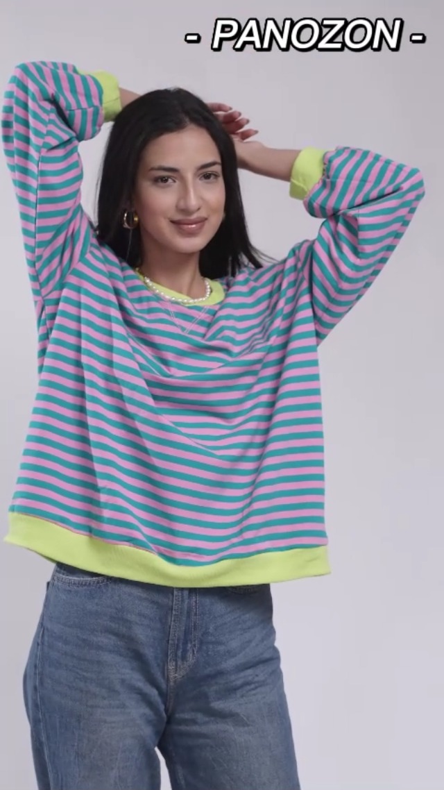 Felpa Donna A Righe Con Orlo A Contrasto - Maglia Maniche Lunghe Girocollo Y2K Vintage