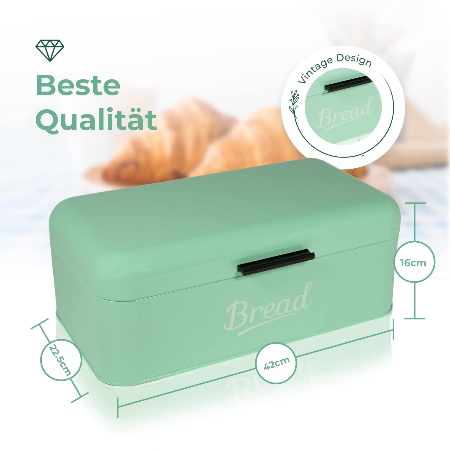 DRULINE Porta Pane Metallo Portapane Scatola Salvaspazio Cestino per Il Contenitore Conservazione Cucina Ufficio PIC-Nic di Alta qualità Verarbeitetes Metallblech Grande 16,5x42x23cm (L/B/H) Menta