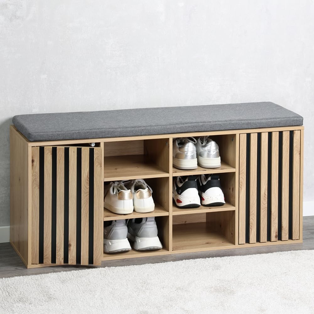 Kesper | Schuhschrank mit Sitzkissen, Material: FSC®-zertifizierte Spanplatte, Maße: B: 103 x H: 48 x T: 30,5 cm, Farbe: Sonoma Eiche Optik, Grau | 1594713