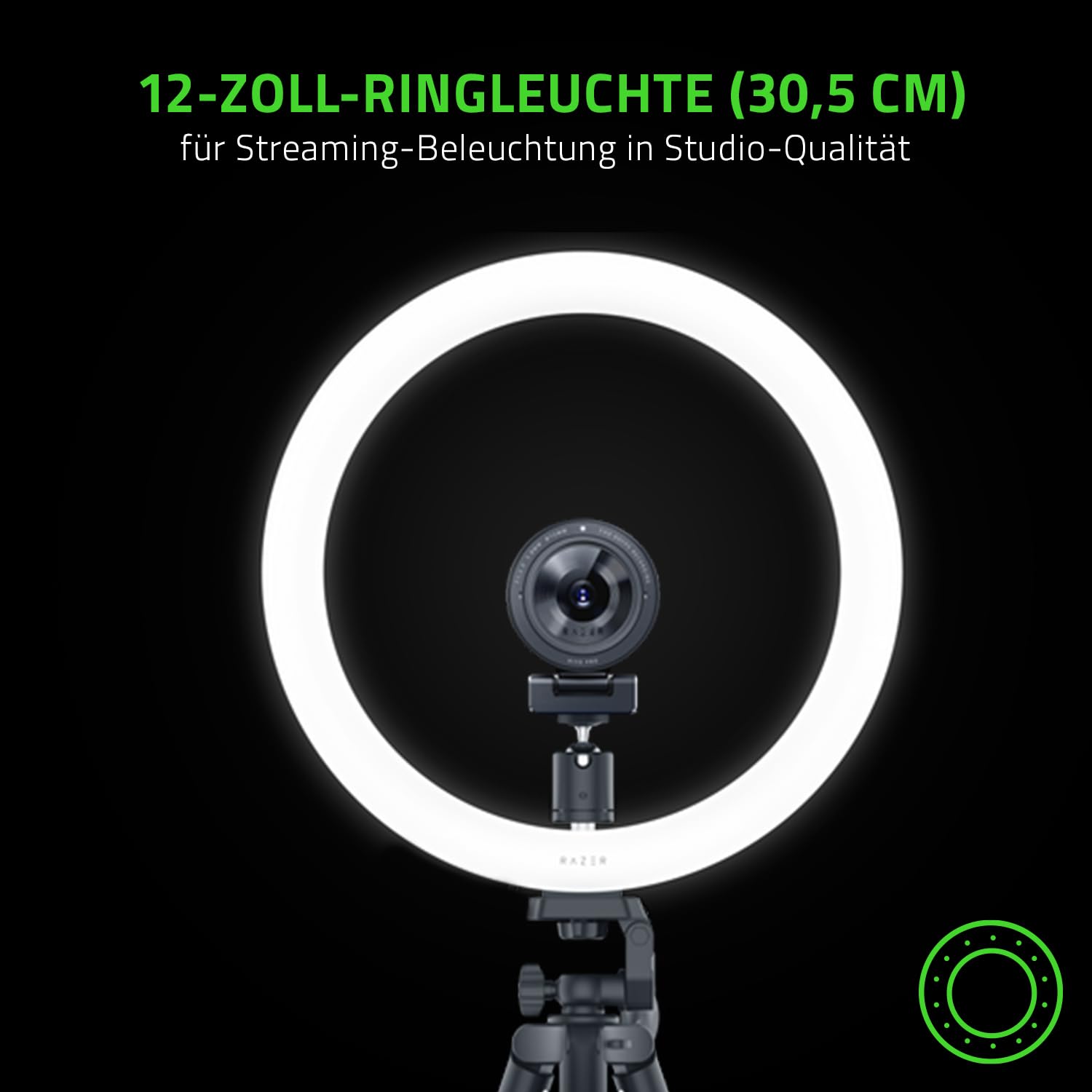 Razer Ring Light - 12-Zoll-USB-LED-Ringleuchte mit Stativ für PC + Mobile Streaming (Anpassbares Lichtspektrum + Helligkeit, Flexible Befestigungsmöglichkeiten) Schwarz