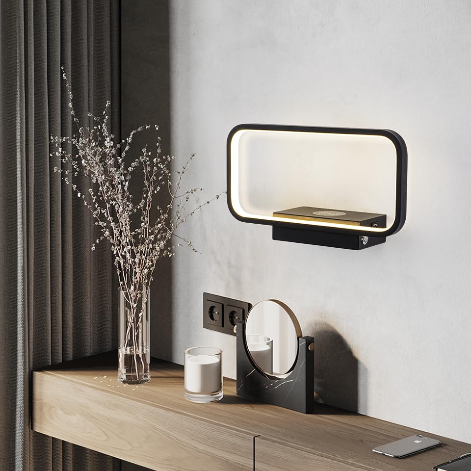 Lámpara de pared LED moderna negra con interruptor y puerto USB de carga 3