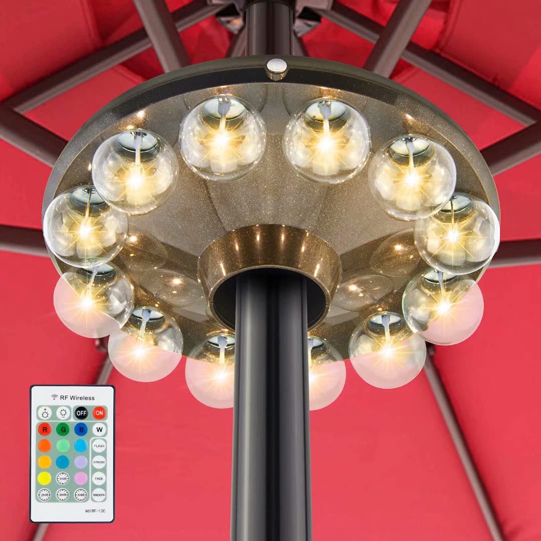 HONWELL Luz para Sombrilla,Luz de patio que funciona con pilas con control remoto de RF,Luz Parasol de Patio Lampe,luz de sombrilla de patio que cambia de 12 colores para sombrilla, tiendas de campaña