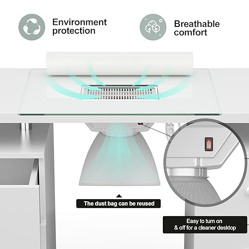 Miniatura 5 de Paddie Mesa de manicura mesa de maquillaje de uñas de vidrio para tecnología de uñas con ventilación eléctrica de corriente descendente cojín de