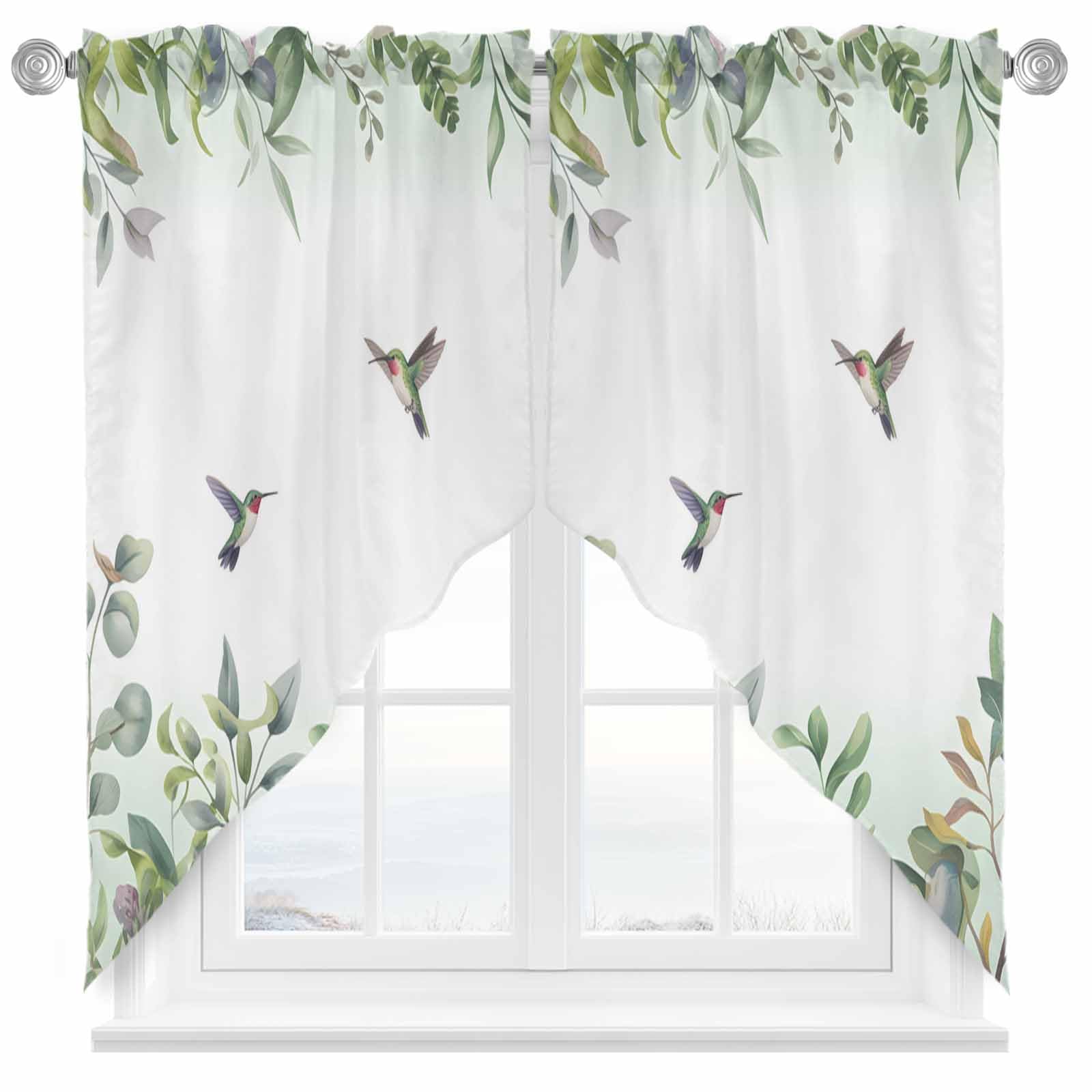 Sage Green Leaves Swag Valance, Eucalyptus Hummingbird Rod Pocket Kitchen Valance Botanical Floral Bird Scalloped Swag Curtains for Living Room