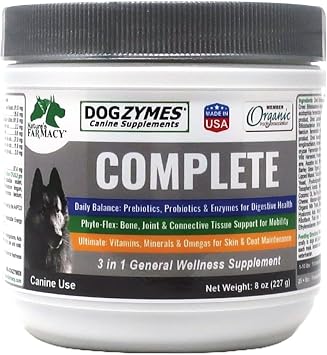 Dogzymes Complete - Probiotics, prebiotics, Glucosamine, Chondroitin, MSM and Hyaluronic Acid, Complete Skin and Coat Care 8 Ounce