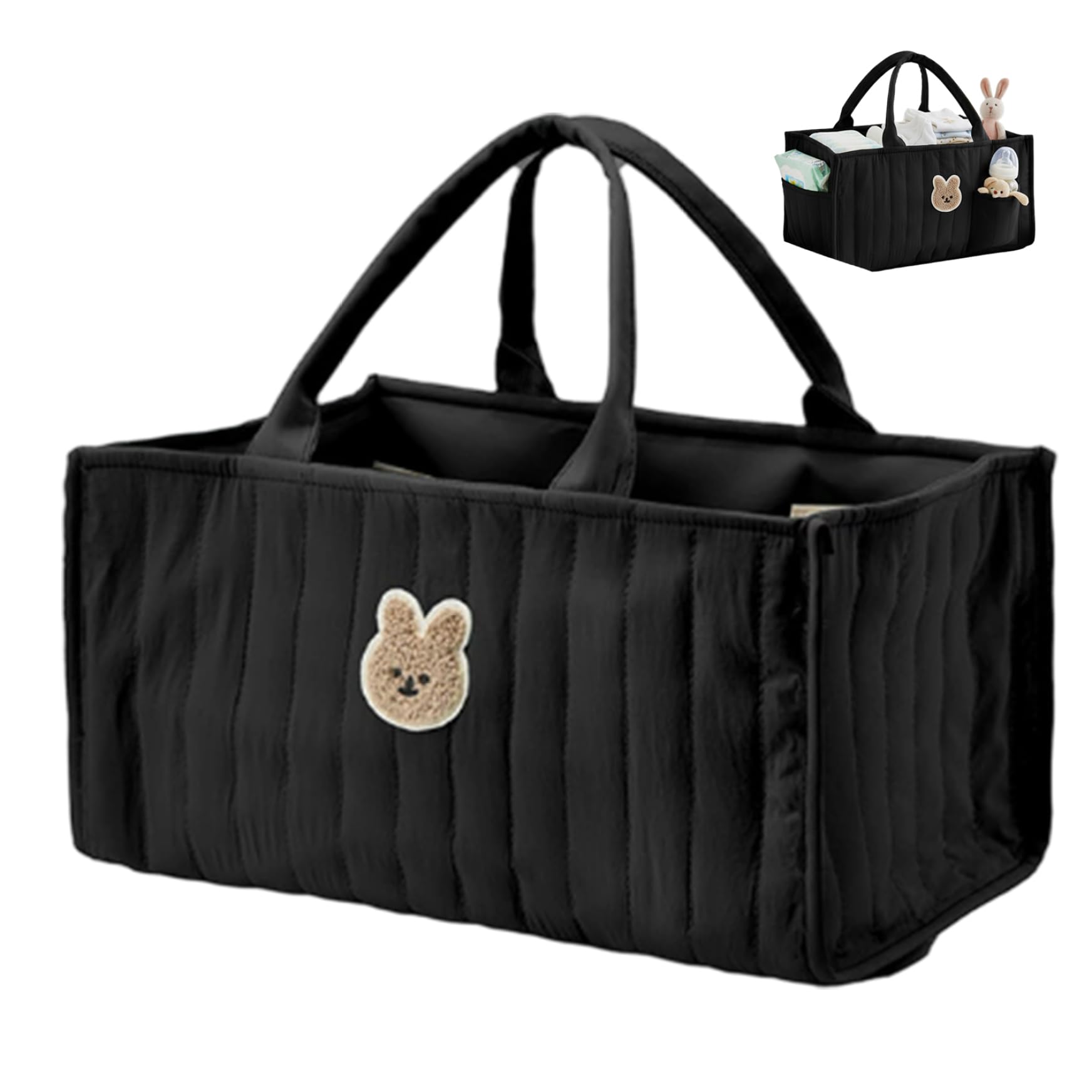 Black Portable Quilted Diaper Caddy with Removable Dividers & Handles, Nursery Storage Basket for Diapers, Wipes, Toys, Baby Essentials, Newborn Organizer