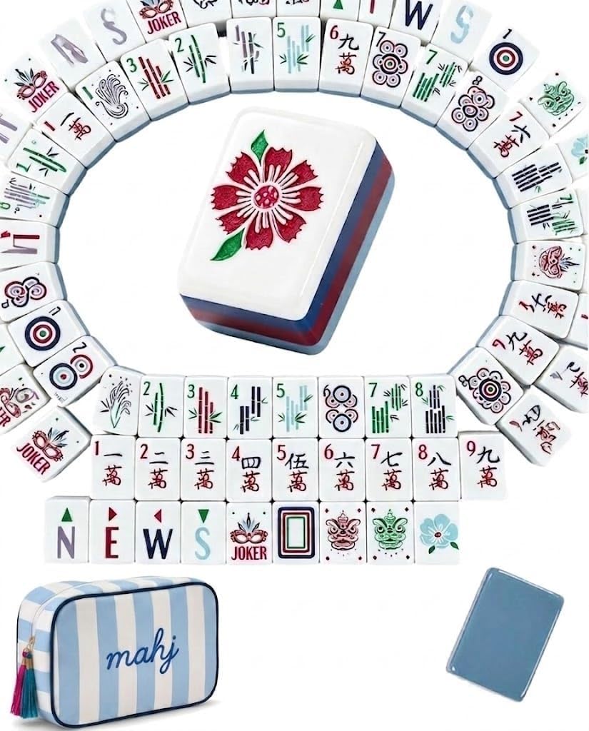 American Mahjong Tile Set with Blue Striped Carrying Bag, 160 Acrylic Mahjong Tiles, 4 Layer Clear Engraved Travel Mahjong Set for Game Night, Party and Gift