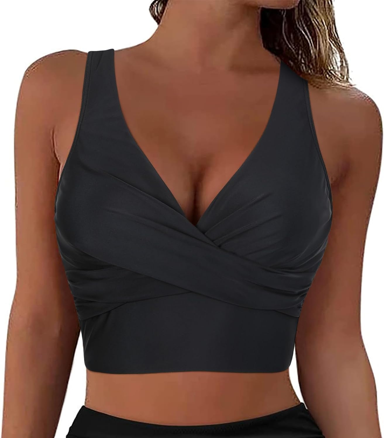 Firpearl Women's Underwire Bikini Tops Only - Longline Swimsuit Top Criss Cross Push Up Swim Crop Top
