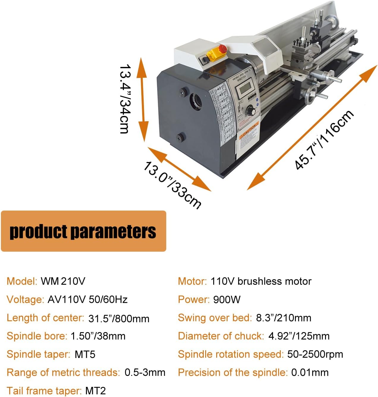 WM210V Precision Metal Bench Lathe Metalworking Lathe Bench Lathe Metal Bench Miniature Lathe Milling Machine Variable Speed Lathe 110V