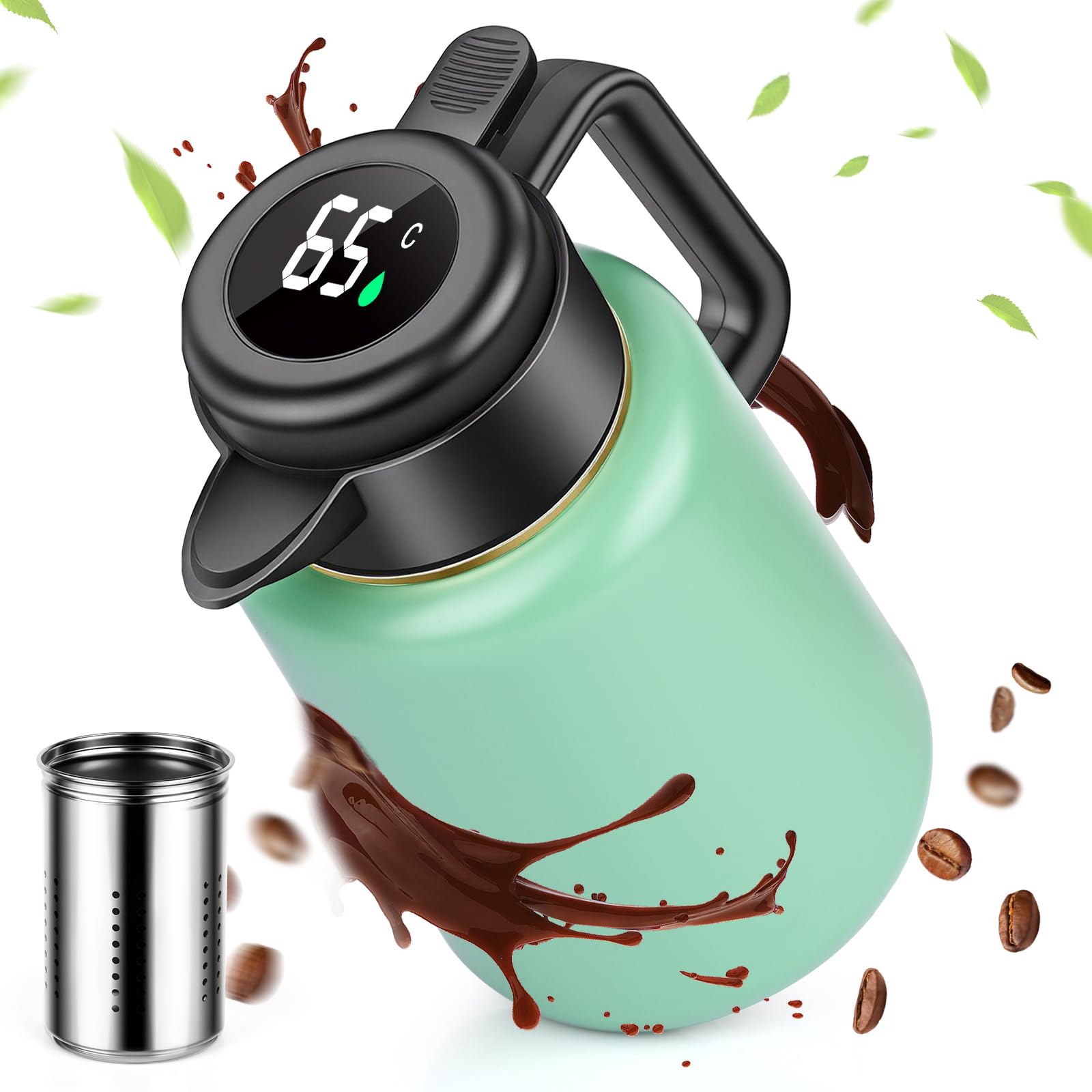 Thermoskanne 1,8-Liter mit Temperaturanzeige, Thermoskanne mit Teesieb 100% Leck & Tropfdicht, Kaffeekanne Thermo für Milch, Tee & Kaffee