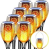LazyBuddy 8 Pack Solar Torch Lights Outdoor, Upgraded Solar Tiki Torches with Realistic Flickering Flame, 3-in-1 Fire Effect Detachable Hanging Lantern for Garden, Pathway - Waterproof & Auto On/Off