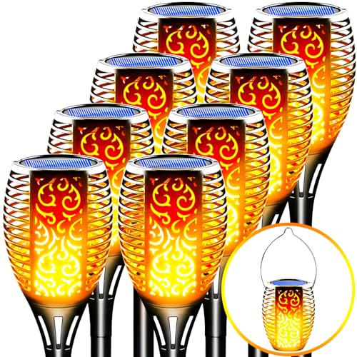 LazyBuddy 8 Pack Solar Torch Lights Outdoor, Upgraded Solar Tiki Torches with Realistic Flickering Flame, 3-in-1 Fire Effect Detachable Hanging Lantern for Garden, Pathway - Waterproof & Auto On/Off