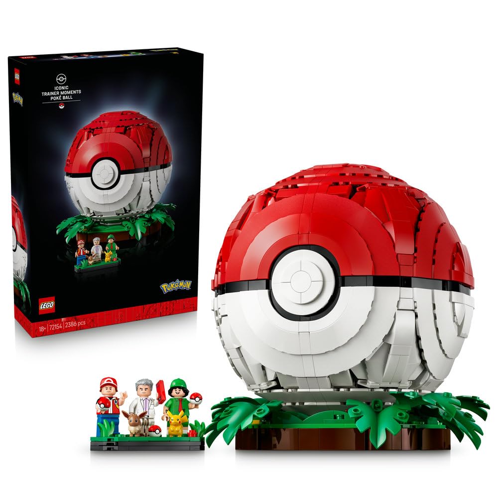 LEGO Pokémon Kultowy Pokéball z Trenerami 72154 | Kolekcjonerski model Pokéballa, duży zestaw klocków dla dorosłych, prezent dla fana gry, gamingowa dekoracja, 2386 elementów