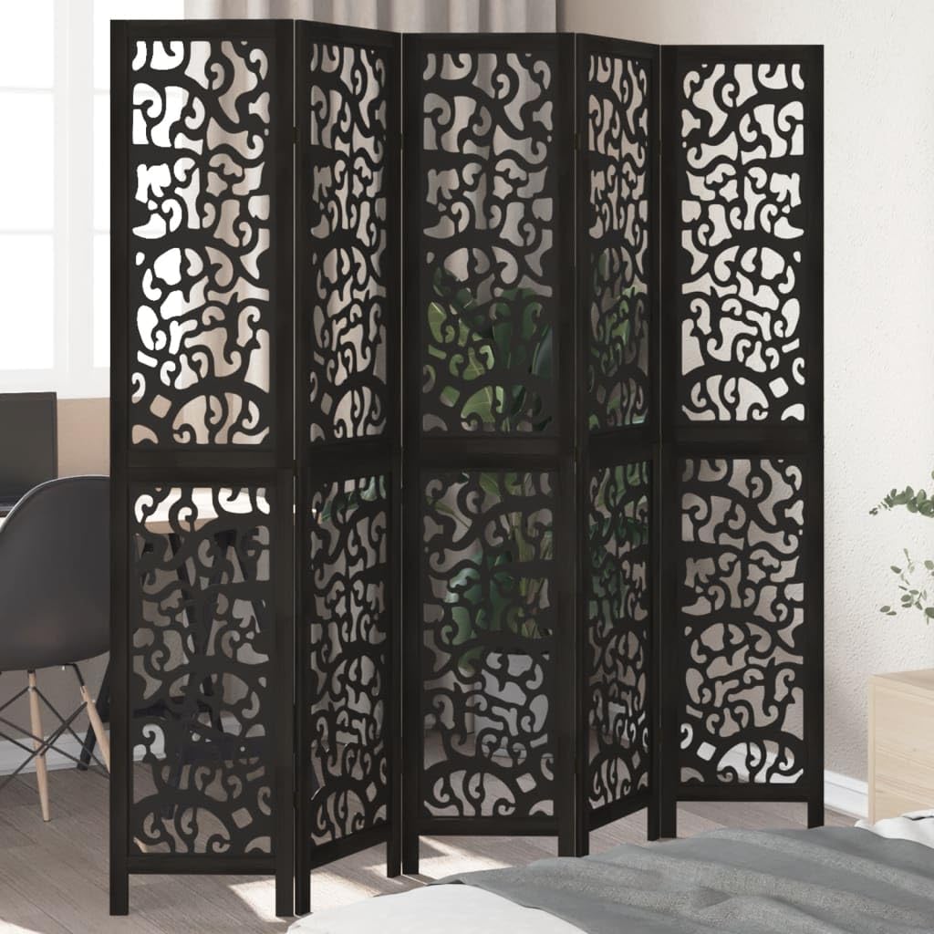 Paravent noir en bois massif 5 sections idéal pour salon et bureau