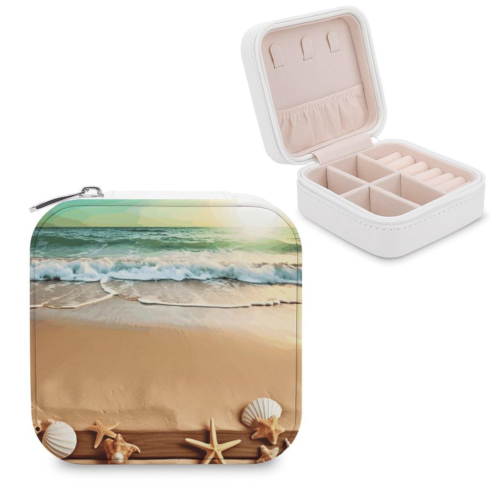 VstaDank Ocean Beach Theme Jewelry Box Exquisite Leather Jewelry Organizer Portable Trinket Organizer Fashion Travel Jewelry Case for Rings Earrings Necklaces Unique Gifts for Women