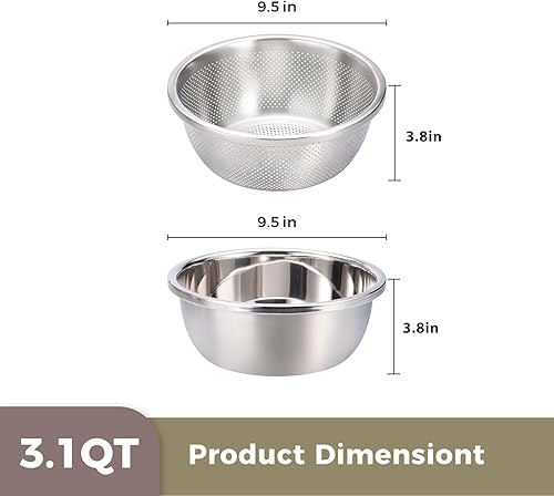 Miniatura 3 de Juego de colador y cuenco de 3.1 cuartos (2 en 1) – Cuenco grueso de cocina de acero inoxidable 304 para frutas, pasta, verduras, arroz, resistente,