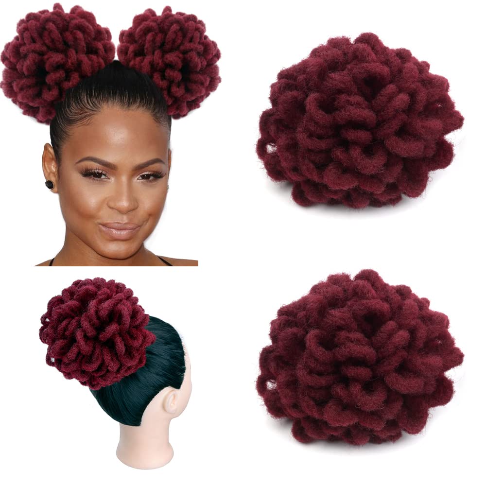 KGBFASS 2Pcs Burgundy Curly Locs Ponytail Drawstring Buns Loc Petal Bun Dreadlock Ponytail Braided Faux Locs Buns Clip in on Braids Pony Tail