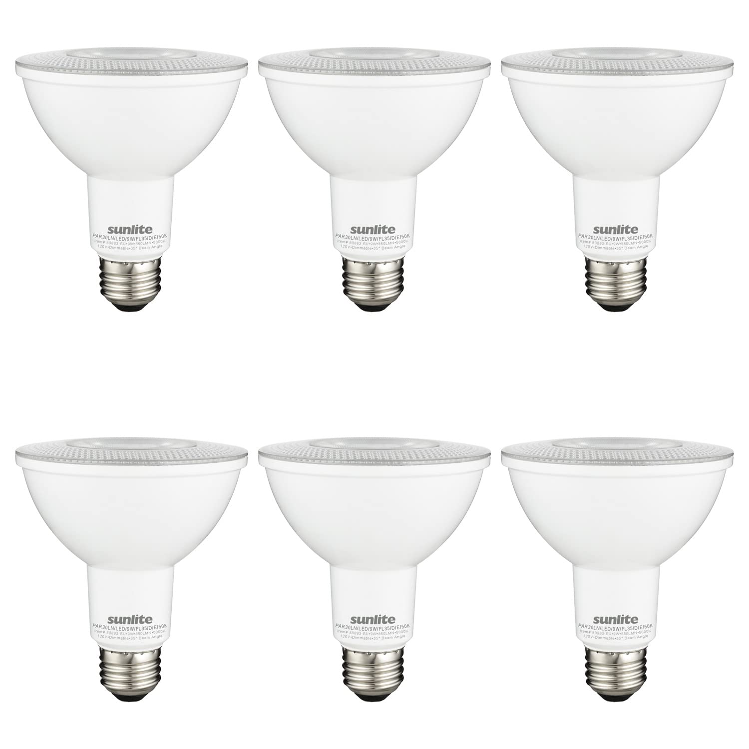 Sunlite 41599 LED PAR30 Long Neck Recessed Light Bulb, 9 Watt, (75W EQ), 850 Lm, Medium E26 Base, Dimmable, ETL Listed, 35 Degrees Beam Angle, Energy Star Certified, 5000K Daylight, 6 Pack