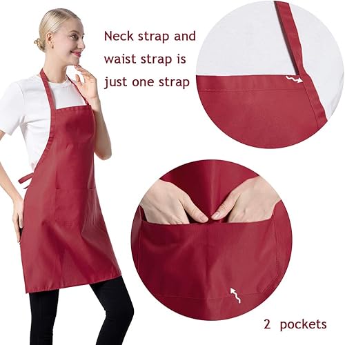 Miniatura 2 de Total de 15 delantales con peto, color rojo oscuro, liso, para mujeres, hombres y adultos, con 2 bolsillos frontales, delantal de cocina para