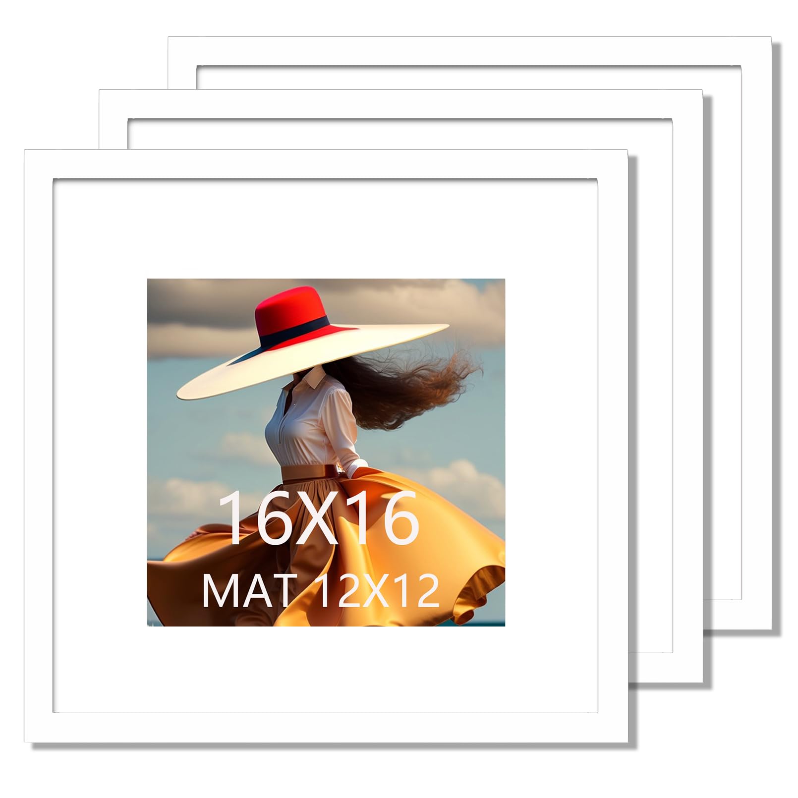 Photo 1 of 16x16 Picture Frame 3 Pack White Solid Wood for Mat 12x12 Wall Mounting Square Poster Frames 3 16x16 Inch