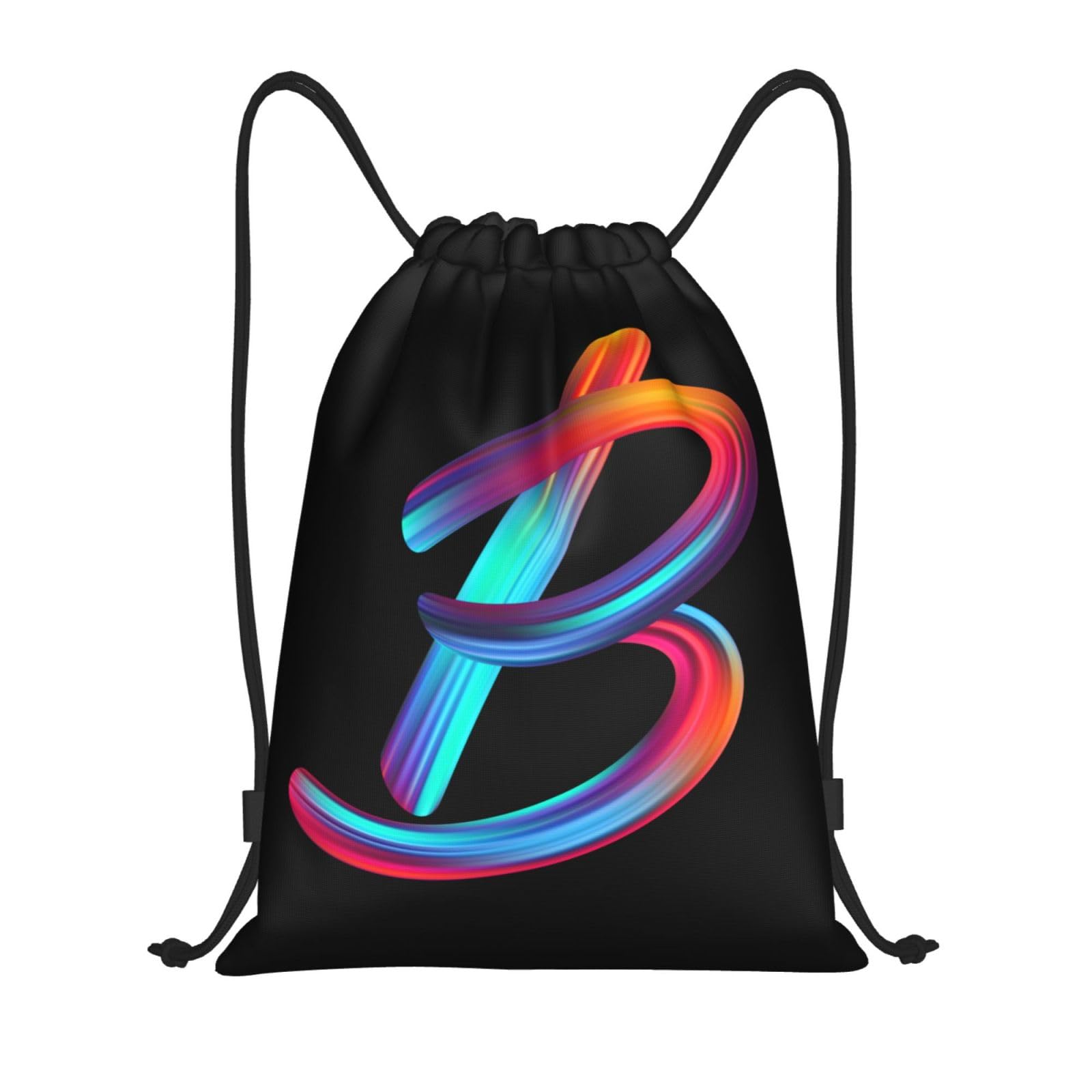 Pazacon Drawstring Bags Initial Drawstring Backpack Sackpack Black Draw String Cinch Bags for Sports, Gym, Travel, Swimming, Beach, Camping, Rainbow
