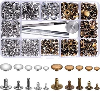 200 Set 5 Sizes Leather Rivets Single Cap Rivet Tubular Metal Studs with 3 Pieces Fixing Tool for DIY Leather Craft, Rivets Replacement, 2 Colors (Silver and Bronze)