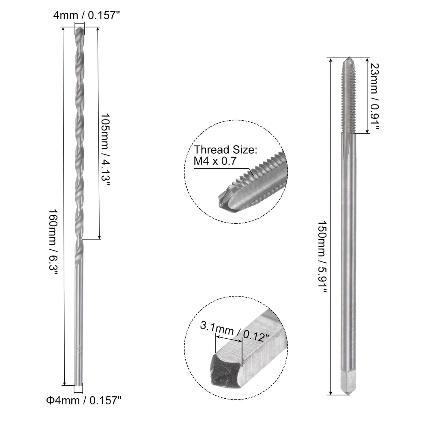 MACHSWON Tap & Bit Sets,M4x0.7 H2 Straight Flute Machine Thread Milling Tap 150mm Extra Long,4mm High Speed Steel (HSS) Twist Drill Bit - Image 2
