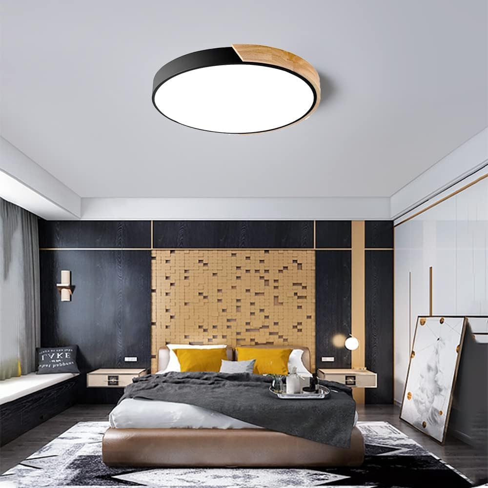 Dimmable LED Flush Mount Ceiling Light Fixture with Wood,24W 16Inch Modern Close to Ceiling Lamp for Bedroom Kitchen,3000K-6000K Light Color Adjustable Recessed Indoor Lighting Black Pendant Light