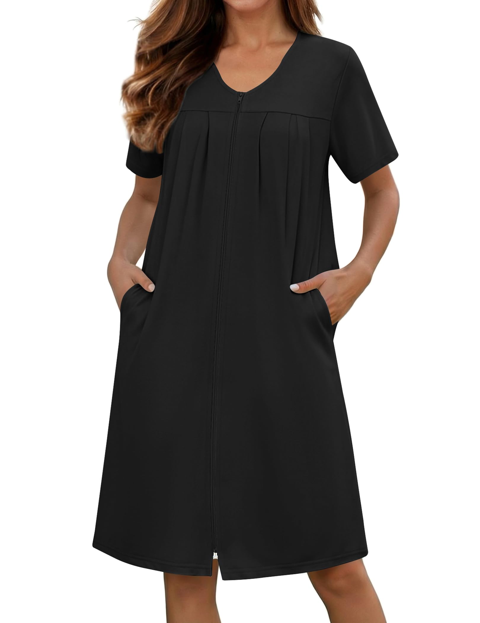 Ekouaer Zipper Robes for Women Short Knit Bathrobes Lightweight Knee Length Housecoat with Pockets Nightgown S-3XL
