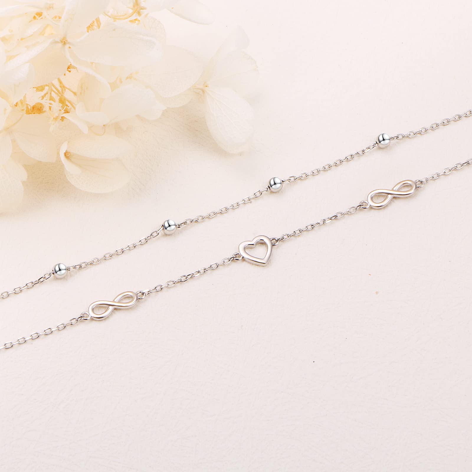 Anklets for Women 925 Sterling Silver Ankle Bracelet Heart/Infinity/Cross/Butterfly Anklet Summer Beach Adjustable Double Layered Beaded Foot Chian Jewelry Gift for Women Teen Girls