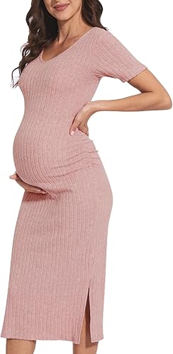 LAHILO Vestido de maternidad con cuello en V, vestido de maternidad de otoño, manga larga, de punto acanalado, vestido ajustado de maternidad