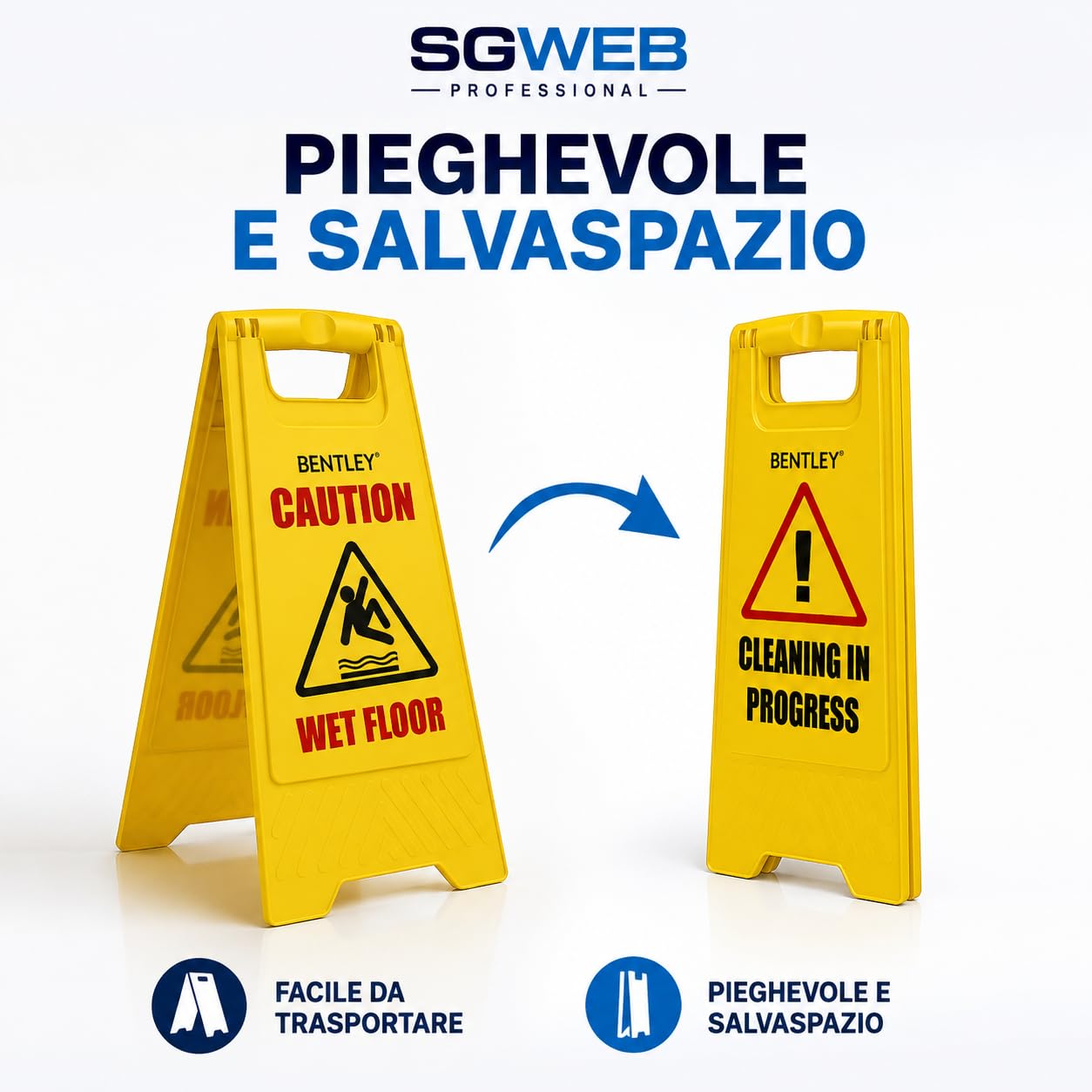 Set 4 Cartelli Pavimento Bagnato Gialli 60x30 cm, Segnale di Pericolo Bifacciale Pieghevole in Polipropilene, Pulizia in Corso, Alta Visibilità